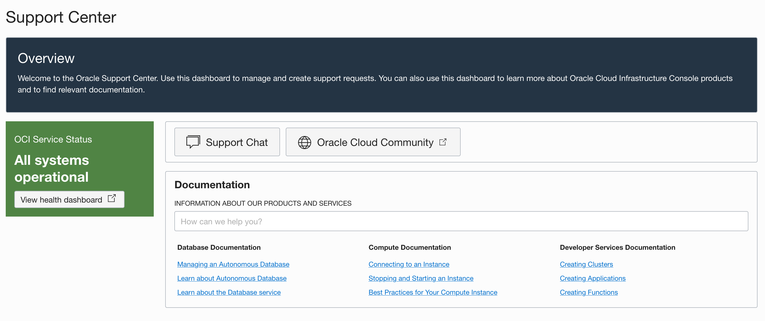 Screen shot of OCI’s support
center